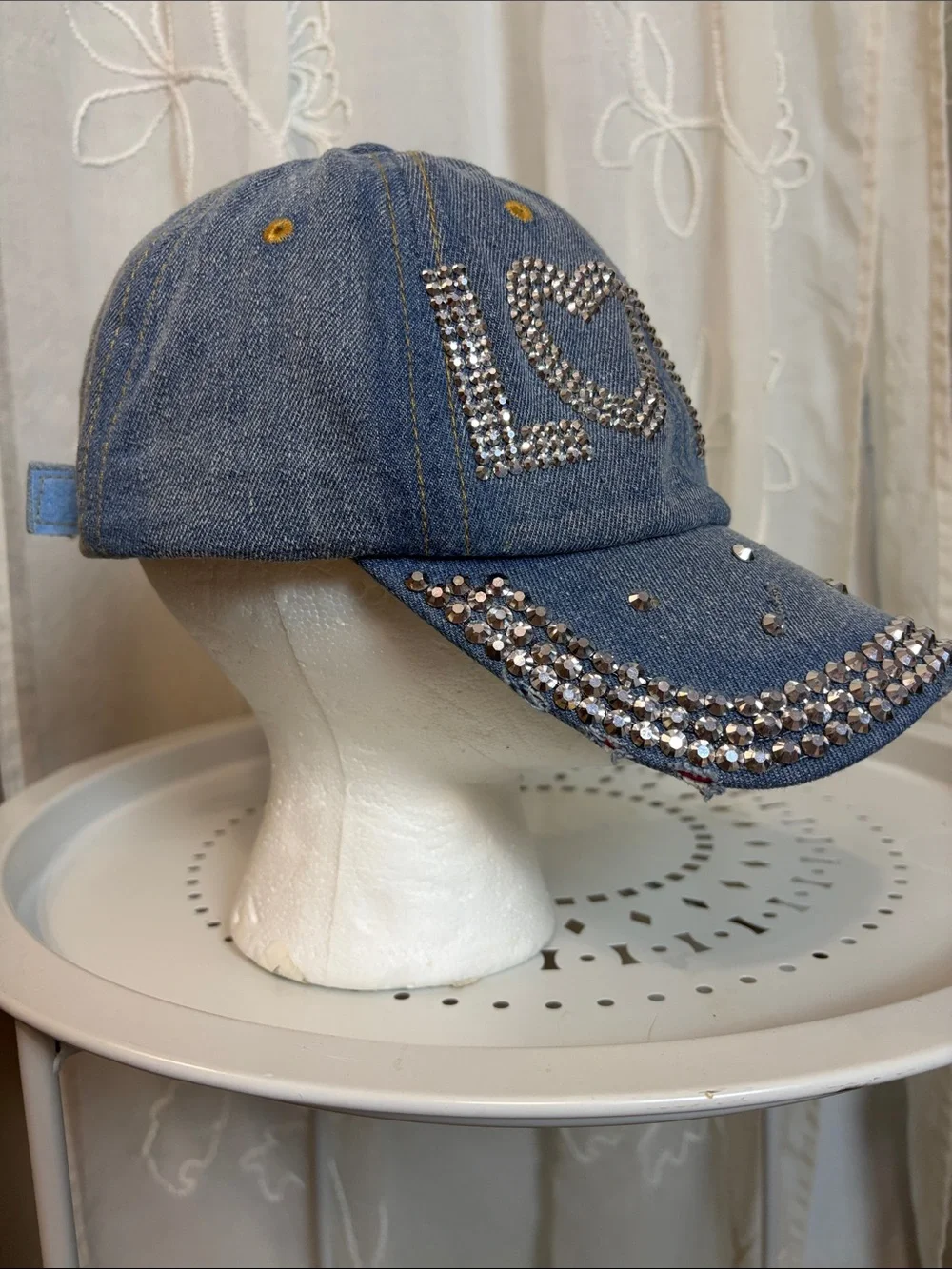David and Young Distressed Denim and rhinestone stud Baseball Cap